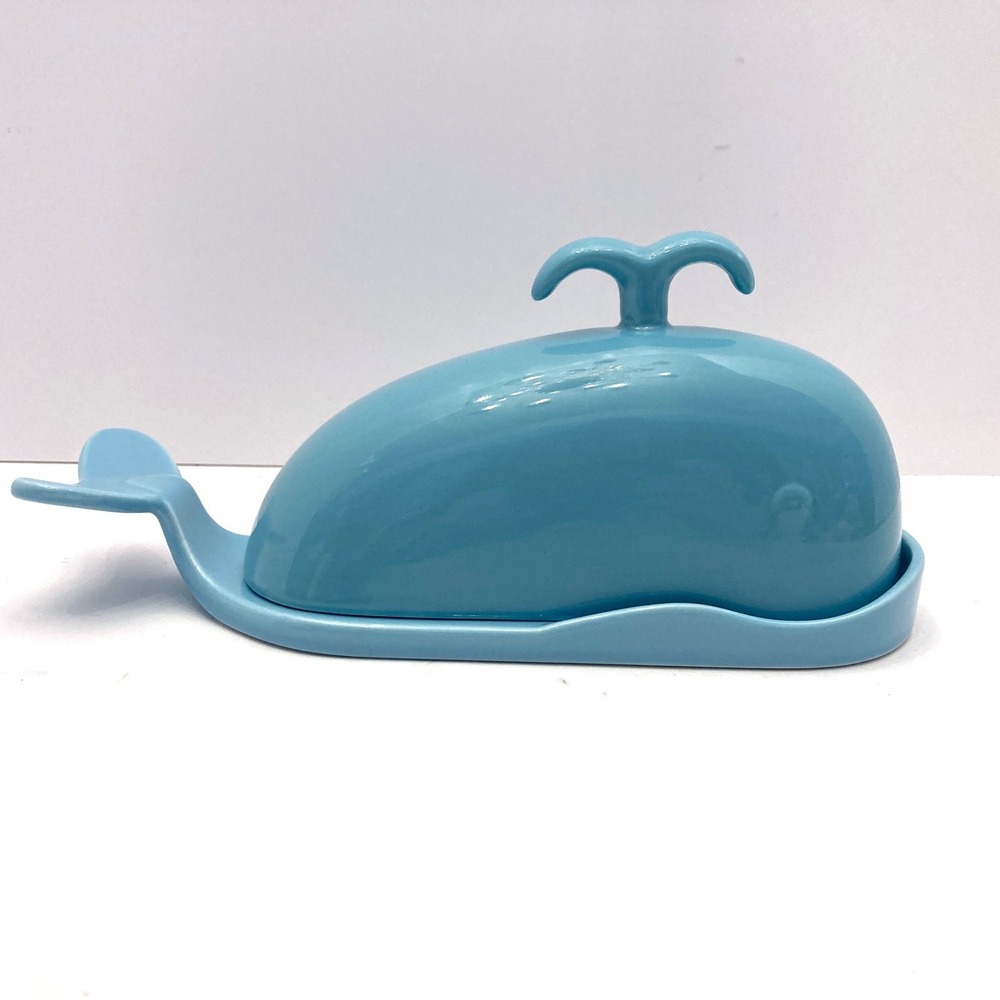 DOWAN Whale Butter Dish Turquoise Ceramic Cutting Measuring Lines Lid Novelty